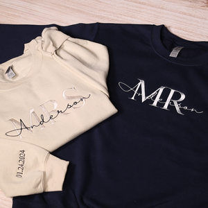 Custom Mr Mrs Embroidered Sweatshirt With Date On Sleeve, Personalized Wifey & Hubby Hoodie, Matching Couples Outfit