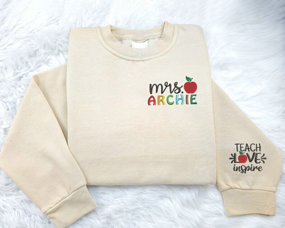 Personalised Embroidered Teacher Sweatshirts, Custom Teachers Surname Crewneck Sweater, Mrs Jumper, Special Teacher Appreciation Day Present