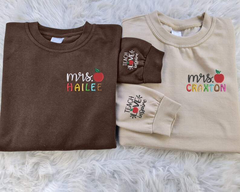 Personalised Embroidered Teacher Sweatshirts, Custom Teachers Surname Crewneck Sweater, Mrs Jumper, Special Teacher Appreciation Day Present