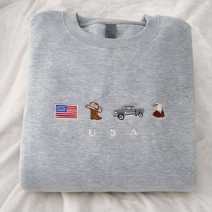 USA Embroidery Sweatshirt, United States, America, Crewneck, Flag, Cowboy Boots, Cowboy Hat, Cowgirl, Truck, Jeep, Eagle, Patriot