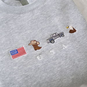 USA Embroidery Sweatshirt, United States, America, Crewneck, Flag, Cowboy Boots, Cowboy Hat, Cowgirl, Truck, Jeep, Eagle, Patriot