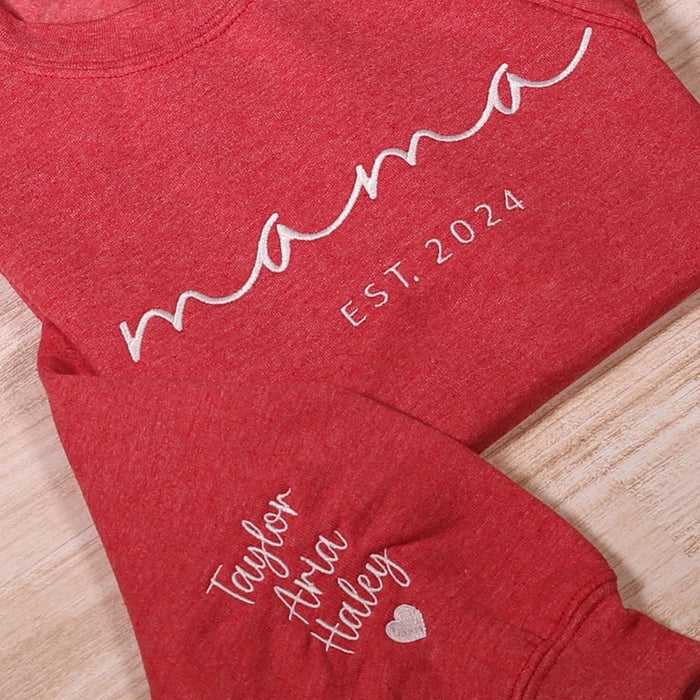 Aangepaste mama geborduurd sweatshirt, gepersonaliseerde moeder hoodie met mouw kindernamen, zwangerschap onthullen outfit, verjaardagscadeau, Moederdagcadeau