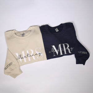 Personalized Mr Mrs Embroidered Sweatshirt With Date On Sleeve, Custom Wifey & Hubby Outfit, Matching Couples Hoodie, Honeymoon Clothings