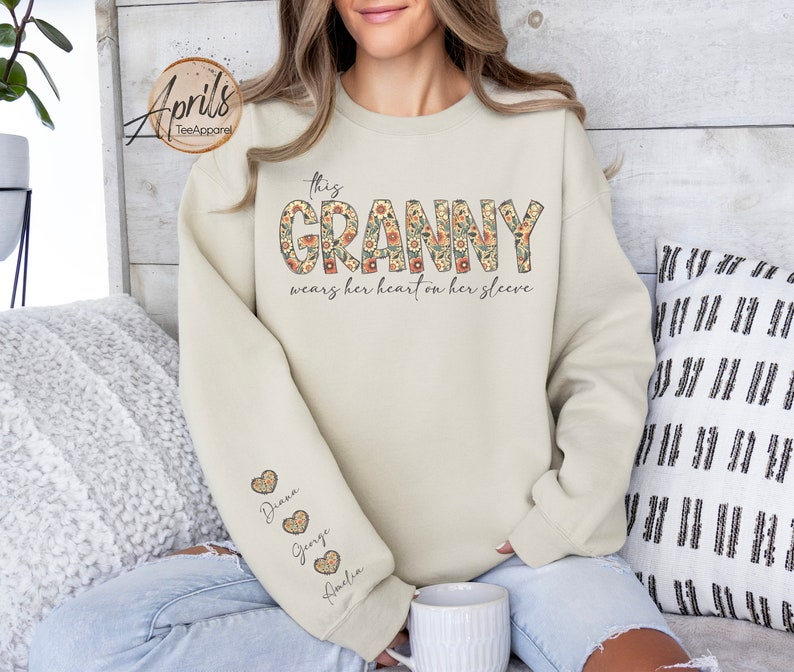 Custom This Grandma Wears Her Heart On Her Sleeve Sweatshirt, Shirt with Names On Sleeve, Mommy Heart Hoodie