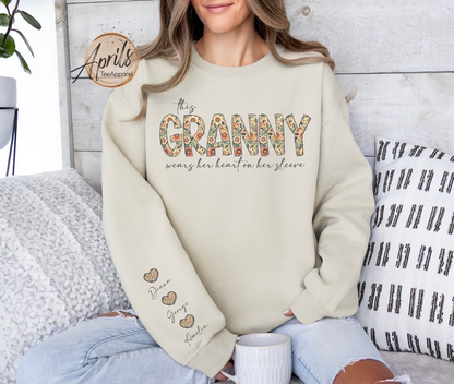 Custom This Grandma Wears Her Heart On Her Sleeve Sweatshirt, Shirt with Names On Sleeve, Mommy Heart Hoodie