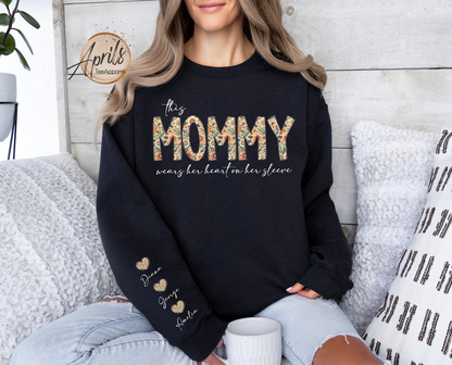 Custom This Grandma Wears Her Heart On Her Sleeve Sweatshirt, Shirt with Names On Sleeve, Mommy Heart Hoodie
