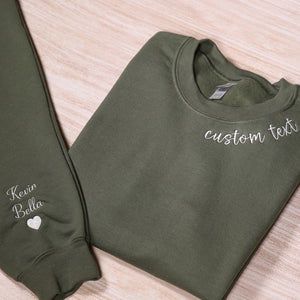 Custom Text Embroidered Sweatshirt With Names On Sleeve, Personalized Name Hoodie, Mothers Day Gift, Matching Couple Gift, Anniversary Gifts