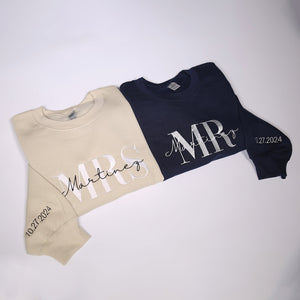 Personalized Mr Mrs Embroidered Sweatshirt With Date On Sleeve, Custom Wifey & Hubby Outfit, Matching Couples Hoodie, Honeymoon Clothings