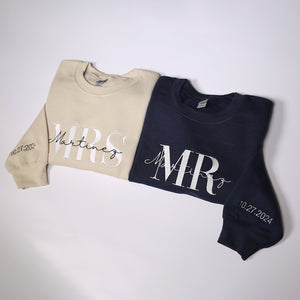 Personalized Mr Mrs Embroidered Sweatshirt With Date On Sleeve, Custom Wifey & Hubby Outfit, Matching Couples Hoodie, Honeymoon Clothings