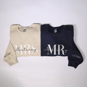 Personalized Mr Mrs Embroidered Sweatshirt With Date On Sleeve, Custom Wifey & Hubby Outfit, Matching Couples Hoodie, Honeymoon Clothings