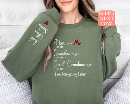 Sweatshirt gepersonaliseerde moeder oma overgrootmoeder, aangepaste trui kleinkinderen namen oma en jaar, cadeau overgrootmoeder, cadeau Moederdag
