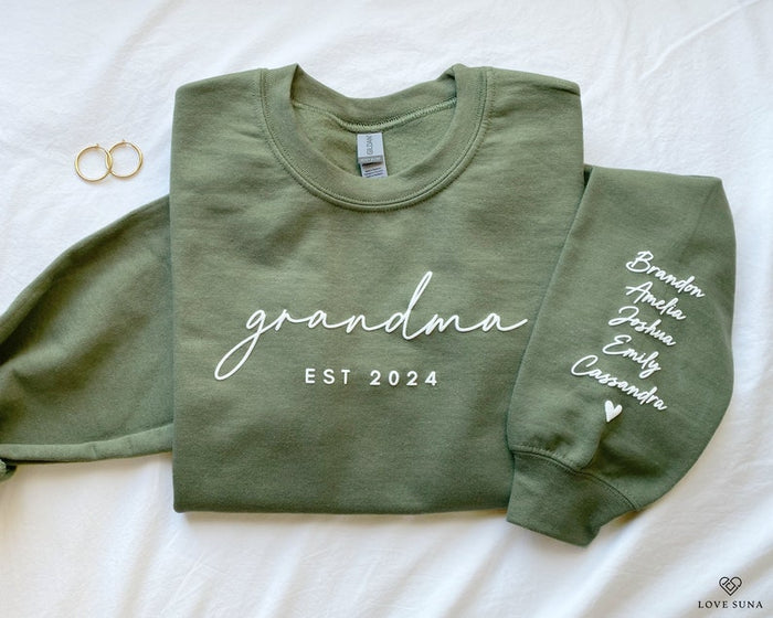 Personalized Grandma Sweatshirt Est Year with Grandkids Names on Sleeve, Mothers Day Gift, Birthday Gift for Grandma, New Grandma Sweater