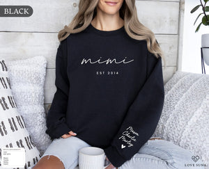 Personalized Grandma Sweatshirt Est Year with Grandkids Names on Sleeve, Mothers Day Gift, Birthday Gift for Grandma, New Grandma Sweater