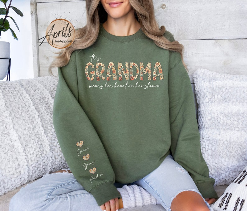 Custom This Grandma Wears Her Heart On Her Sleeve Sweatshirt, Shirt with Names On Sleeve, Mommy Heart Hoodie