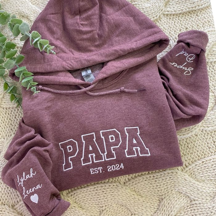 Custom Embroidered Papa Hoodie with Kids Names on Sleeve, Dad Sweatshirt, Personalized Minimalist Papa Crewneck, Father's Day Gift