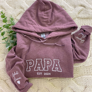 Custom Embroidered Papa Hoodie with Kids Names on Sleeve, Dad Sweatshirt, Personalized Minimalist Papa Crewneck, Father's Day Gift