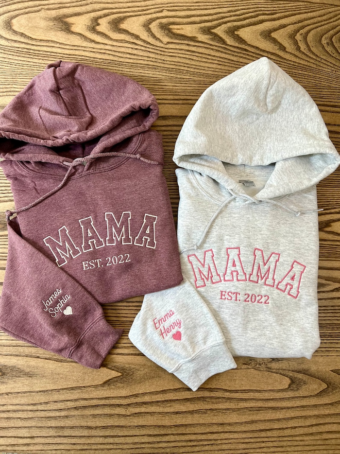 Custom Embroidered Mama Hoodie, Personalized Mama Hoodie with Names on Sleeve, Gift For New Mom, Mama Est Year Shirt, Gift for Women.