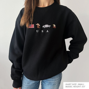 USA Embroidery Sweatshirt, United States, America, Crewneck, Flag, Cowboy Boots, Cowboy Hat, Cowgirl, Truck, Jeep, Eagle, Patriot