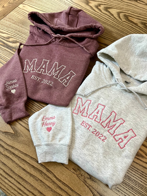 Custom Embroidered Mama Hoodie, Personalized Mama Hoodie with Names on Sleeve, Gift For New Mom, Mama Est Year Shirt, Gift for Women.