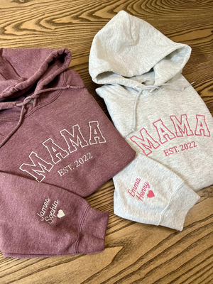 Custom Embroidered Mama Hoodie, Personalized Mama Hoodie with Names on Sleeve, Gift For New Mom, Mama Est Year Shirt, Gift for Women.