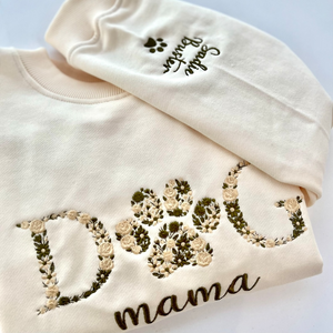 Custom Floral Embroidered Sweatshirt with Pet Name on Sleeve | Sweatshirt for Dog Lover Fur MAMA Sweatshirt | Dog Mom Embroidered Sweatshirt