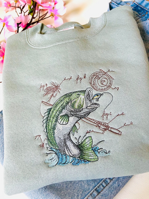 Jumping Bass Fishing Embroidered Crewneck