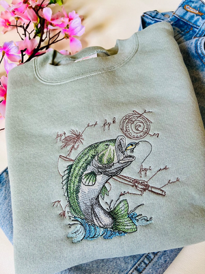 Jumping Bass Fishing Embroidered Crewneck