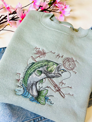 Jumping Bass Fishing Embroidered Crewneck