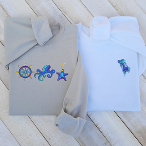 Custom Ocean Embroidered Sweatshirt & Hoodie, Starfish, Seahorse, Octopus, Ocean Animal Design, Beach Theme Clothing Gift for Sea Lovers!