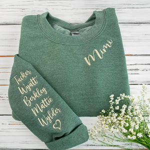 Custom Embroidered Mimi Grandma Gigi or Any Text on Neckline Sweatshirt, Names on Sleeve, Personalized Gift for Mom Momma Nana Sweater