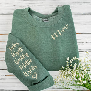 Custom Embroidered Mimi Grandma Gigi or Any Text on Neckline Sweatshirt, Names on Sleeve, Personalized Gift for Mom Momma Nana Sweater