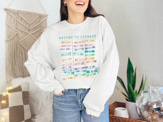 Vintage Library Rainbow Sweatshirt, Return to Library Card Book Due Date Shirt, Reader Gift for Her Him Librarian English Teacher Crewneck