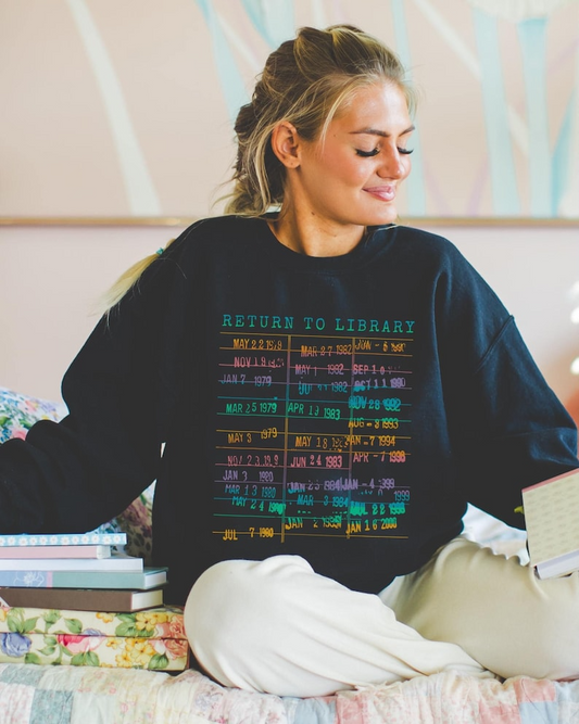 Vintage Library Rainbow Sweatshirt, Return to Library Card Book Due Date Shirt, Reader Gift for Her Him Librarian English Teacher Crewneck