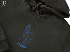 Embroidered Hoodie with Horse Portrait, Personalised Outline Sketch from Photo Hoody, Custom Name Hooded Sweater, Memorial Equestrian Gifts