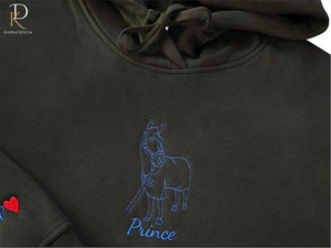 Embroidered Hoodie with Horse Portrait, Personalised Outline Sketch from Photo Hoody, Custom Name Hooded Sweater, Memorial Equestrian Gifts