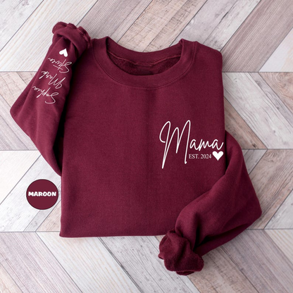 Custom Mama Sweatshirt With Kids Names On Sleeve, Personalized New Mom Hoodie, Pregnancy Announcement Outfit, Cute New Mama Clothing Gifts