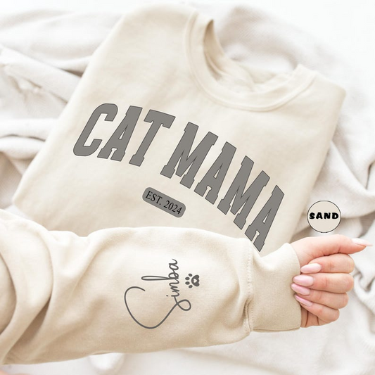 Custom Cat Mama Sweatshirt, Personalized Cat Mom Hoodie, Cat Owner Outfit With Pets Names On Sleeve, Cat Lover Clothing, Mothers Day Gifts