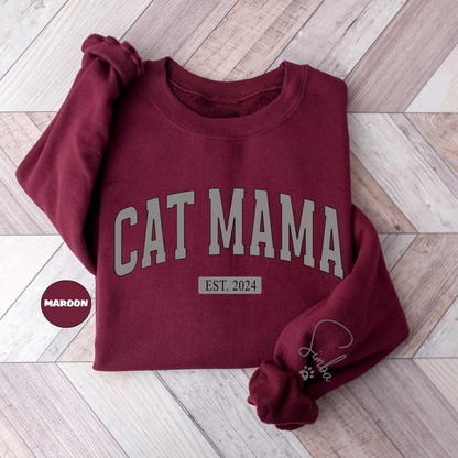 Custom Cat Mama Sweatshirt, Personalized Cat Mom Hoodie, Cat Owner Outfit With Pets Names On Sleeve, Cat Lover Clothing, Mothers Day Gifts