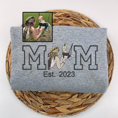 Mama Sweatshirt with Photo, Custom Embroidered Hoodie Mama and Kids Portrait, Varsity Shirt, Custom Embroidery Shirt For Mom Mama Mommy