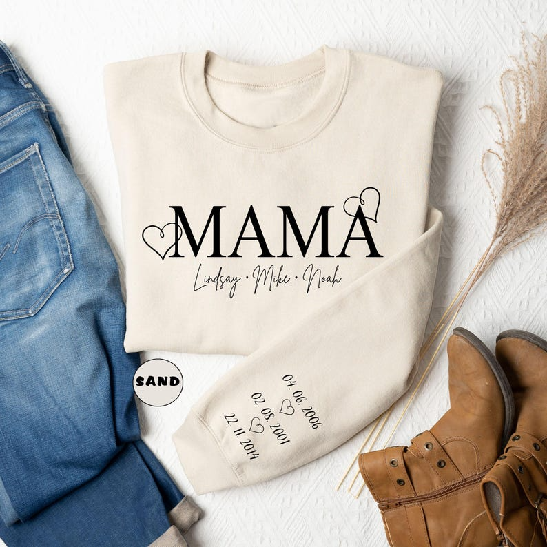 Custom Mama Sweatshirt With Kids Names, Custom Mom Hoodie With Birth Dates On Sleeve, Mommy Outfit, Cute Momma Clothing, Mama Birthday Gifts