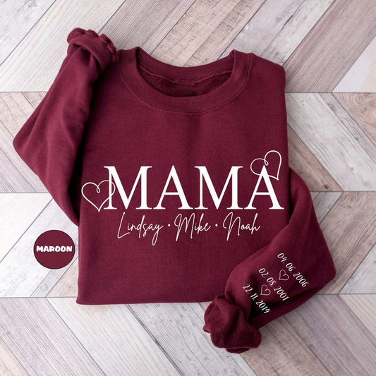 Custom Mama Sweatshirt With Kids Names, Custom Mom Hoodie With Birth Dates On Sleeve, Mommy Outfit, Cute Momma Clothing, Mama Birthday Gifts