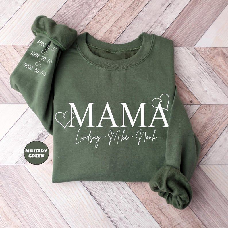 Custom Mama Sweatshirt With Kids Names, Custom Mom Hoodie With Birth Dates On Sleeve, Mommy Outfit, Cute Momma Clothing, Mama Birthday Gifts