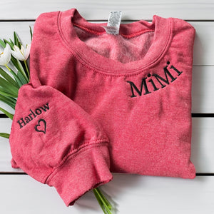 Custom Embroidered Mama Grandma Gigi or Any Text on Neckline Sweatshirt, Names on Sleeve,Personalized Gift for Mom Mother Momma Nana Sweater