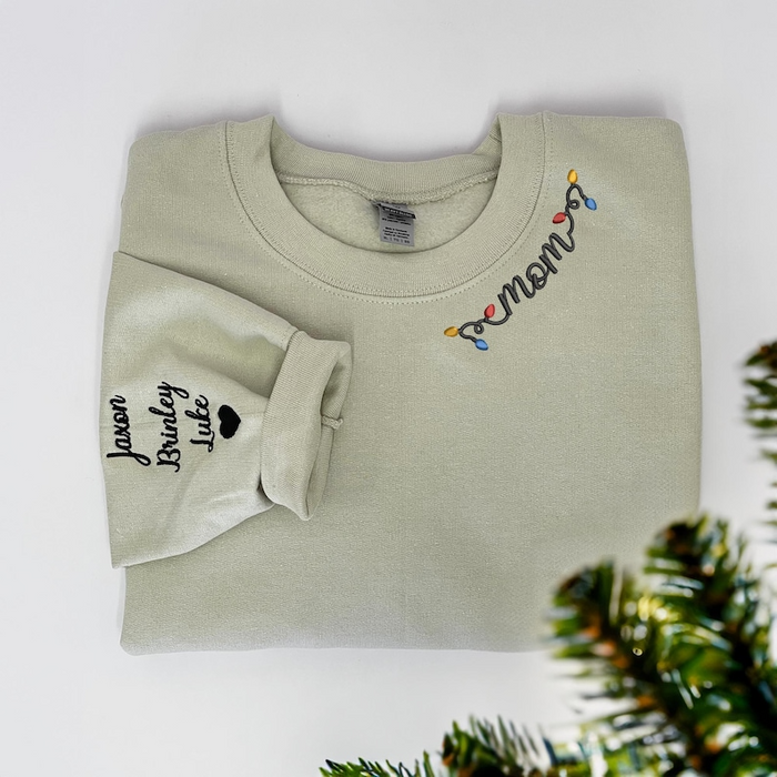 Custom Mama Sweatshirt, Mama Christmas Light Embroidered Shirt, Momma Sweatshirt, Personalized Mama Hoodie with Kid Name