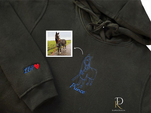 Embroidered Hoodie with Horse Portrait, Personalised Outline Sketch from Photo Hoody, Custom Name Hooded Sweater, Memorial Equestrian Gifts