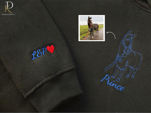 Embroidered Hoodie with Horse Portrait, Personalised Outline Sketch from Photo Hoody, Custom Name Hooded Sweater, Memorial Equestrian Gifts