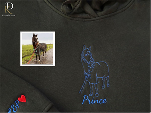 Embroidered Hoodie with Horse Portrait, Personalised Outline Sketch from Photo Hoody, Custom Name Hooded Sweater, Memorial Equestrian Gifts