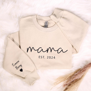 Custom Embroidered Mama Sweatshirt With Kids Names On Sleeve, Personalized Mom Embroidery Hoodie, Birthday Outfits, Baby Announcement Gifts