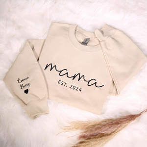 Custom Embroidered Mama Sweatshirt With Kids Names On Sleeve, Personalized Mom Embroidery Hoodie, Birthday Outfits, Baby Announcement Gifts