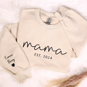 Custom Embroidered Mama Sweatshirt With Kids Names On Sleeve, Personalized Mom Embroidery Hoodie, Birthday Outfits, Baby Announcement Gifts